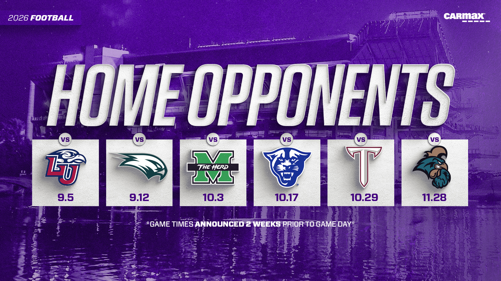 Graphic that shows the 6 home opponents for JMU Football